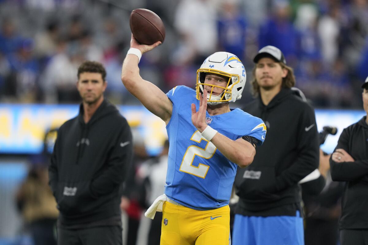Chargers quarterback Easton Stick warms up before Saturday's game against the Buffalo Bills.