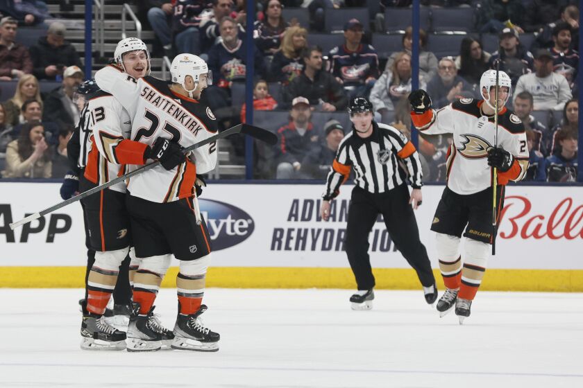 Anaheim Ducks' Simon Benoit, left, celebrates his goal against the Columbus Blue Jackets with Kevin Shattenkirk during the second period of an NHL hockey game on Thursday, Jan. 19, 2023, in Columbus, Ohio. (AP Photo/Jay LaPrete)