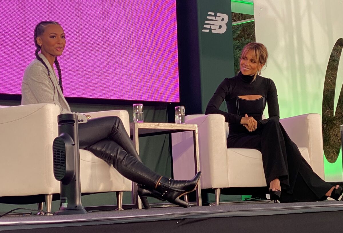 Malika Andrews (left) and Halle Berry discuss Berry's new film "Bruised" during the ESPNW Summit on Oct. 18 in La Jolla.