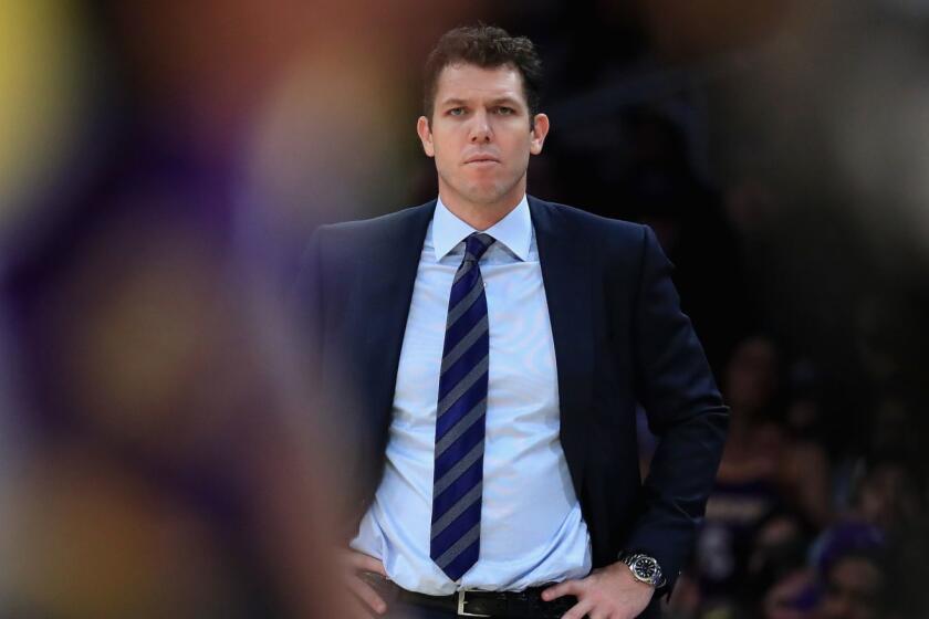 LOS ANGELES, CA - JANUARY 09: Head coach Luke Walton of the Los Angeles Lakers looks on during the second half of a game against the Sacramento Kings at Staples Center on January 9, 2018 in Los Angeles, California. NOTE TO USER: User expressly acknowledges and agrees that, by downloading and or using this photograph, User is consenting to the terms and conditions of the Getty Images License Agreement. (Photo by Sean M. Haffey/Getty Images) ** OUTS - ELSENT, FPG, CM - OUTS * NM, PH, VA if sourced by CT, LA or MoD **