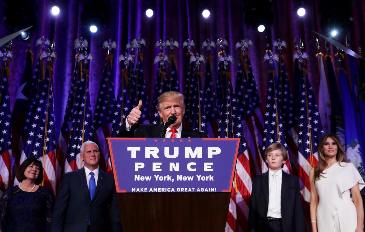 Donald Trump delivers his acceptance speech at the New York Hilton Midtown on election night in November. (Chip Somodevilla / Getty Images)
