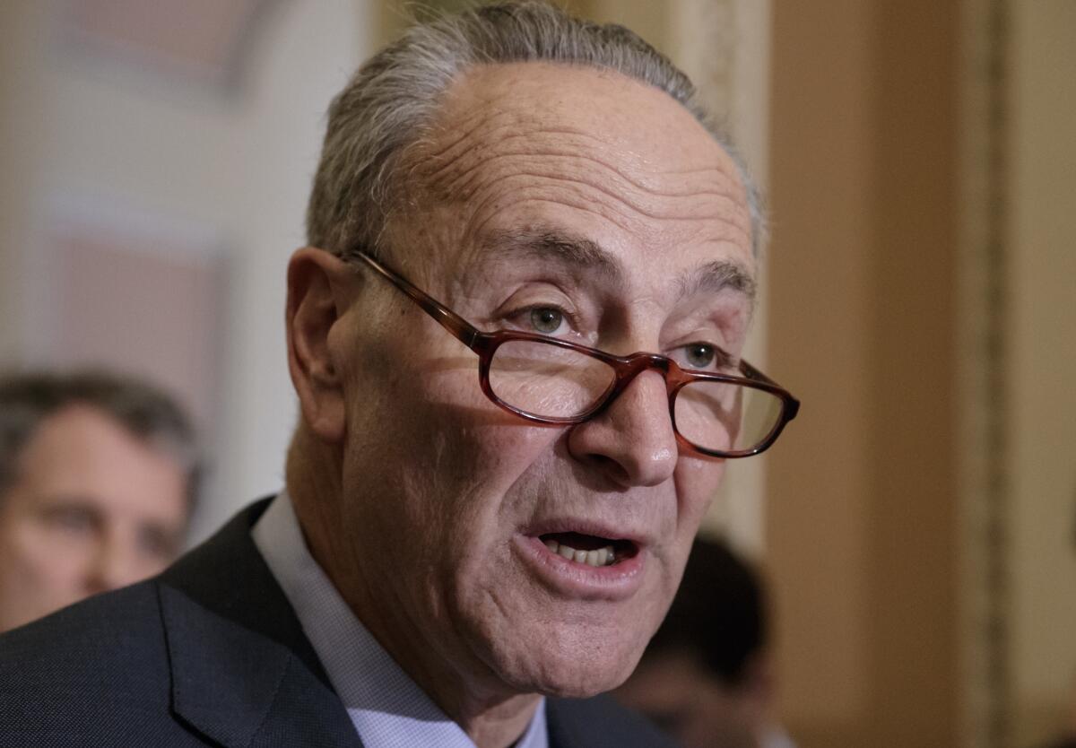 Senate Minority Leader Chuck Schumer of N.Y. speaks with reporters about his opposition to Supreme Court nominee Neil Gorsuch on March 21, 2107, on Capitol Hill.