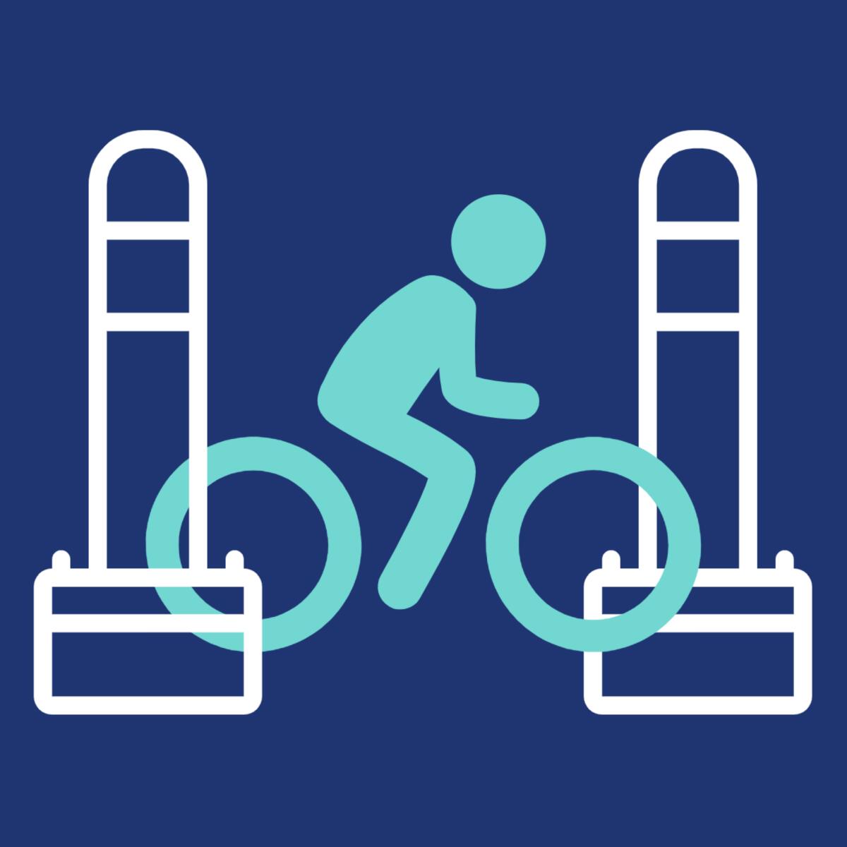 Graphic of light blue pictogram cyclist passing through two white bollards