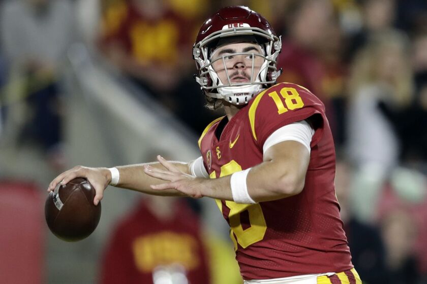 Southern California quarterback JT Daniels throws a pass during the first half of an NCAA college football game against Colorado on Saturday, Oct. 13, 2018, in Los Angeles. (AP Photo/Marcio Jose Sanchez)