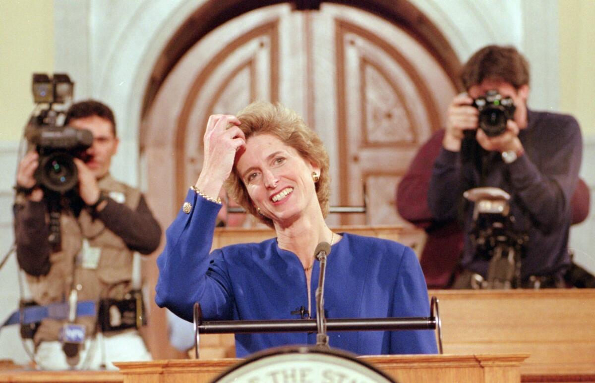 Former New Jersey Gov. Christie Whitman during a walk-through of her response to President Clinton's State of the Union Address, at the state Assembly chambers in Trenton, N.J.