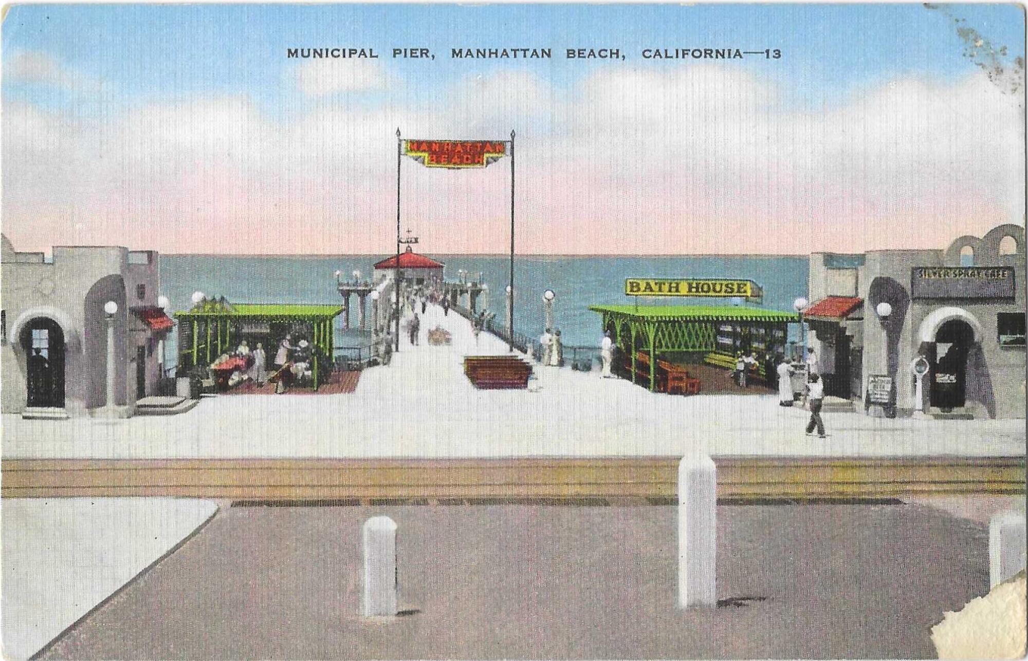 An old postcard shows a street-level view of the Manhattan Beach Pier 