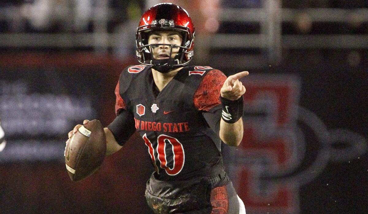 San Diego State quarterback Christian Chapman signals to a receiver during the first quarter against Colorado State on Nov. 26.