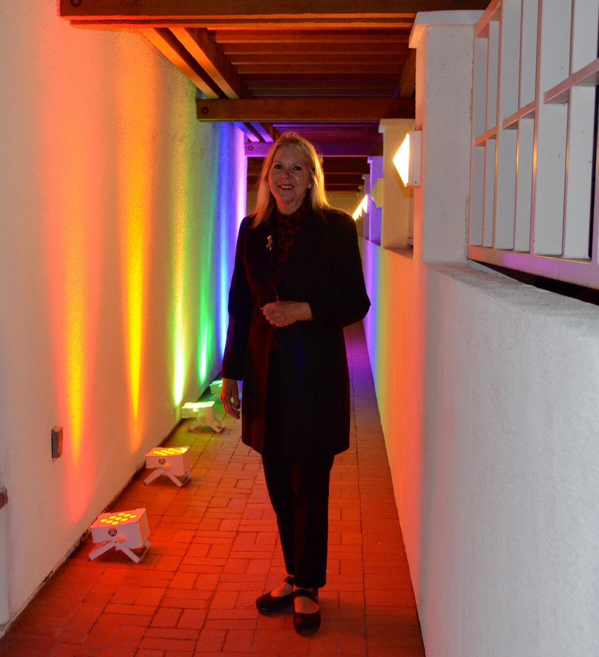 The Rev. Canon Cindy Evans Voorhees stands in front of a rainbow lit wall.