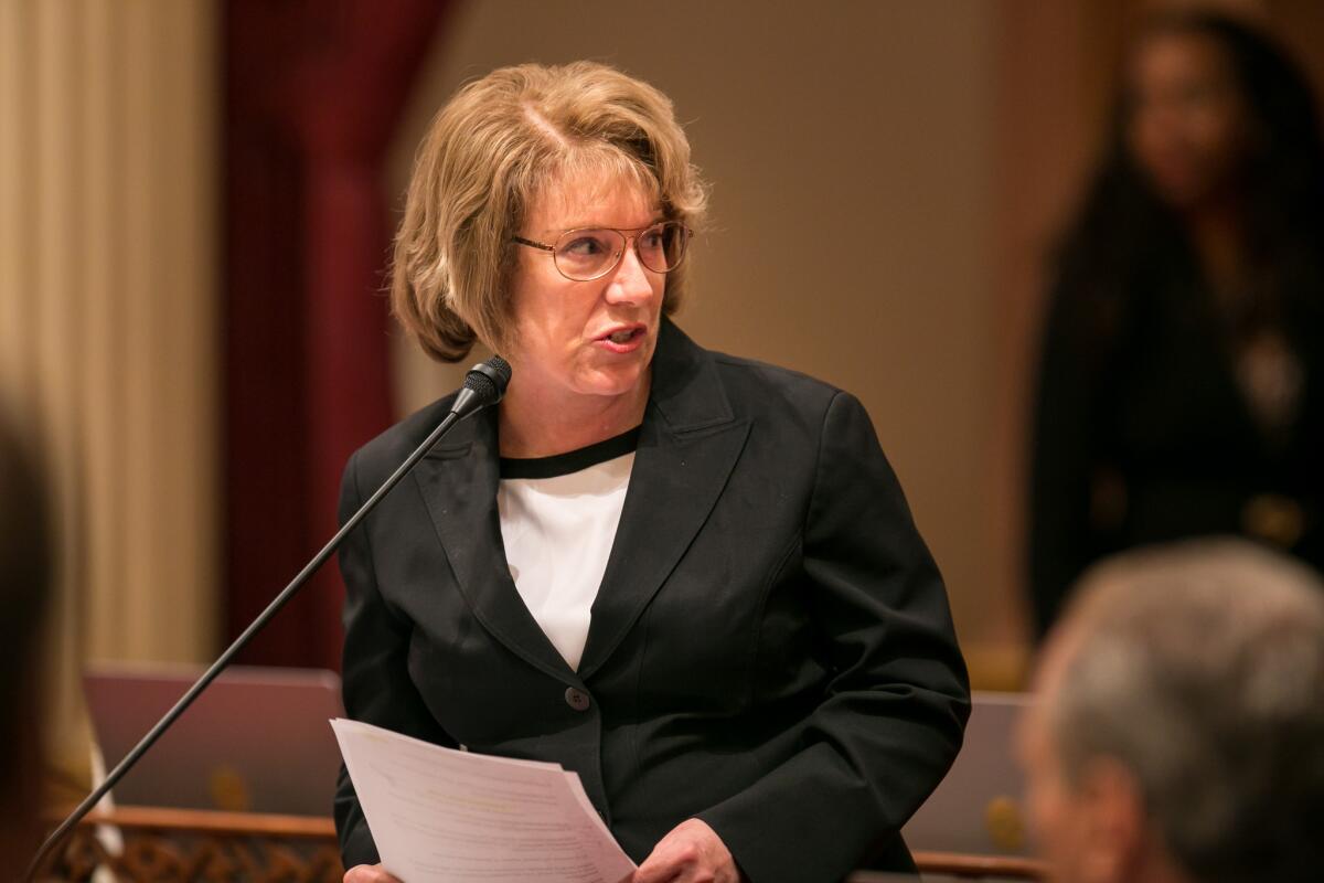 State senator Jean Fuller makes a statement during the Senate session at the Statehouse Capitol, in Sacramento, Calif., on July 9, 2015.