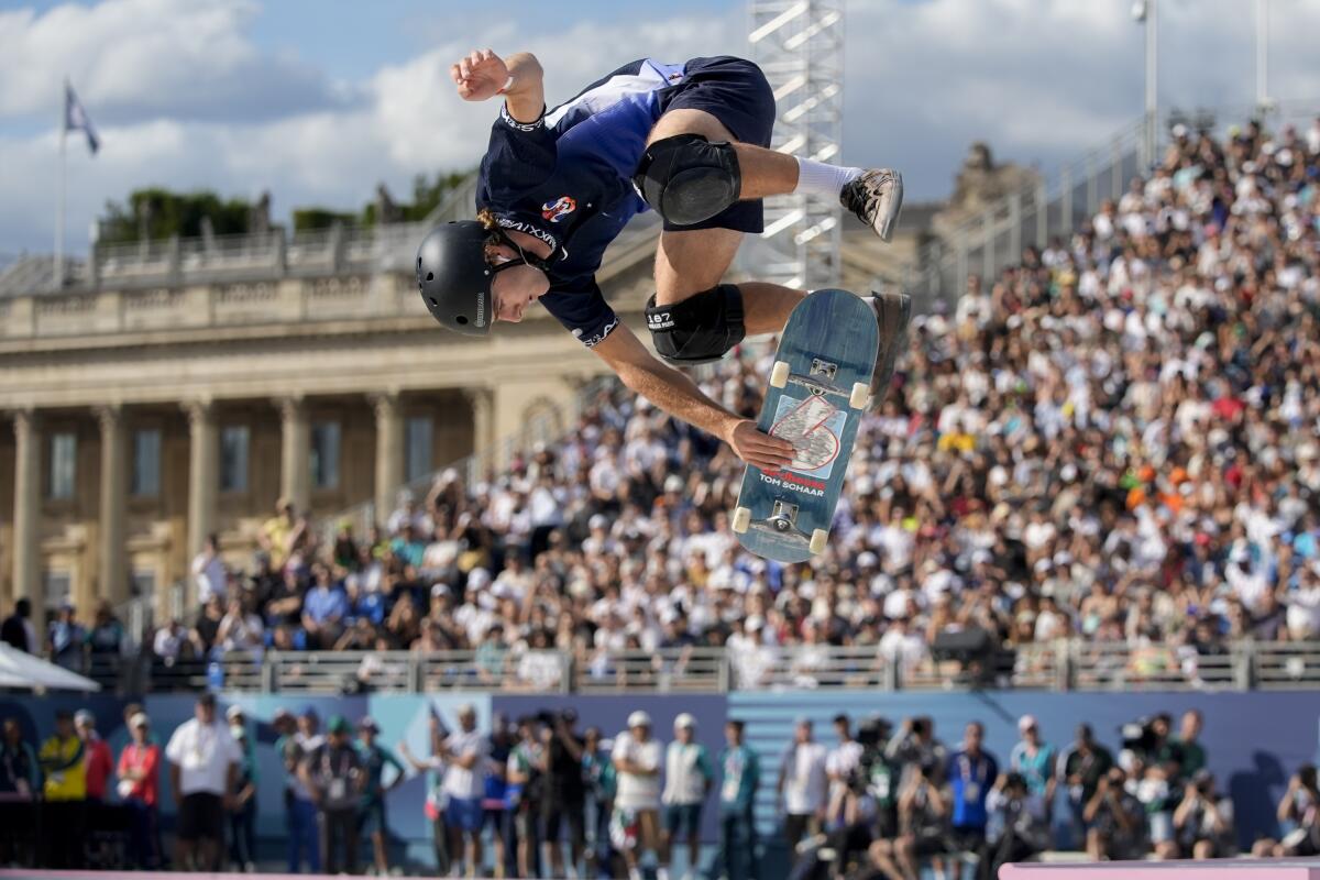 Tom Schaar of the United States competes during the men's skateboarding park finals.