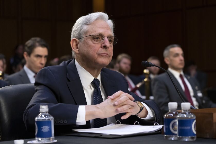 Attorney General Merrick Garland testifies as the Senate Judiciary Committee examines the Department of Justice, at the Capitol in Washington, Wednesday, March 1, 2023. (AP Photo/J. Scott Applewhite)