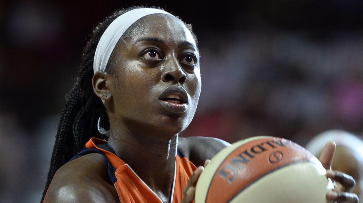 Chiney Ogwumike, then with the Connecticut Sun, during the second half of a WNBA game in Uncasville, Conn.