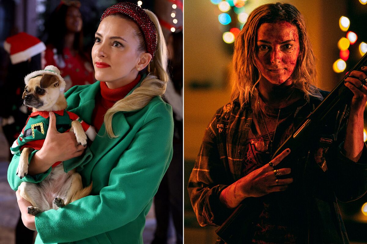 Side-by-side images of a woman in a festive outfit holding a small dog dressed like an elf, and the same woman holding a gun