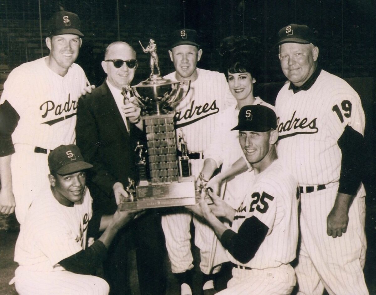 Players and other members of the Padres organization celebrate the team's 1964 Pacific Coast League championship.