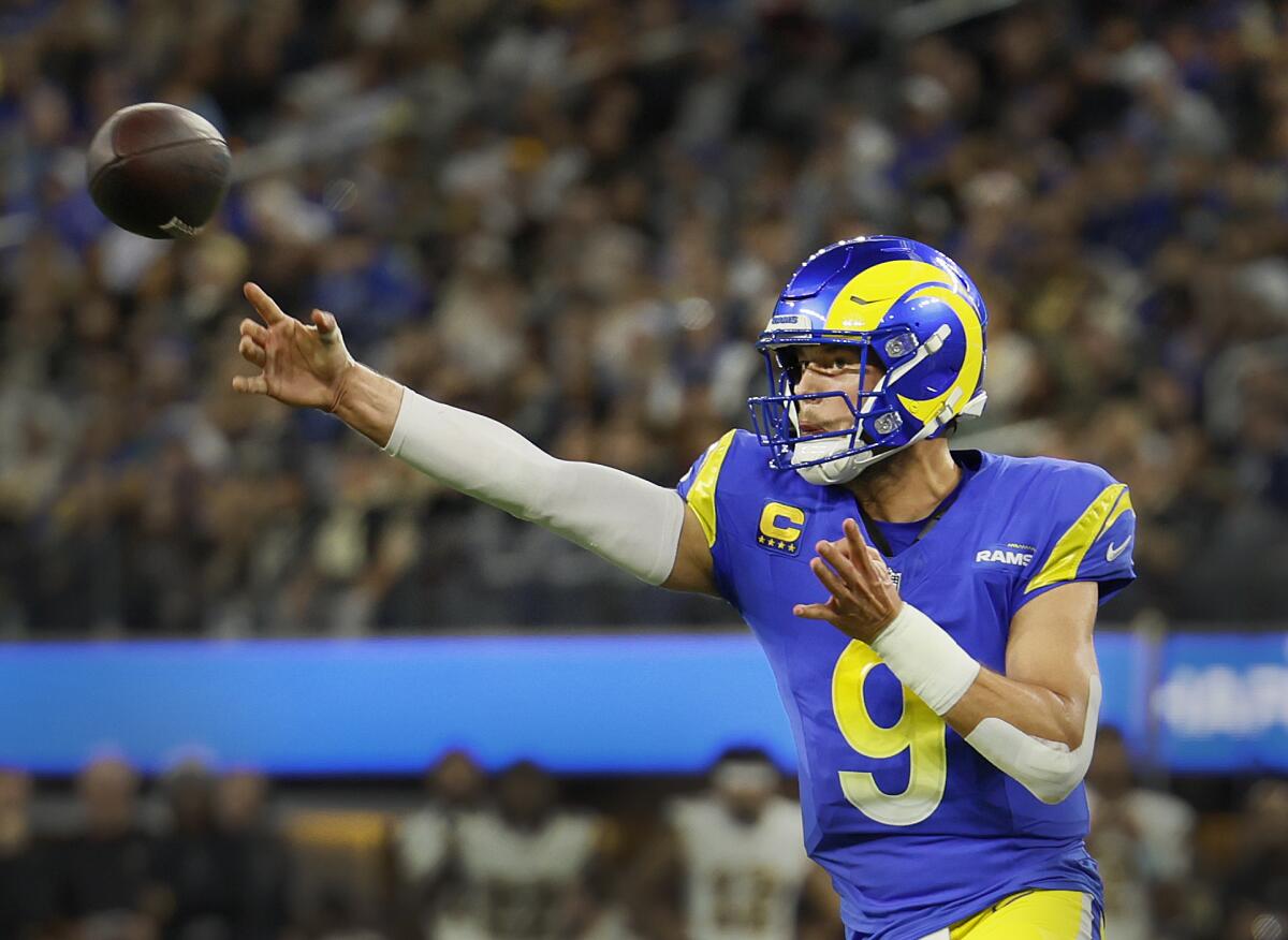 Rams quarterback Matthew Stafford throws a pass against the Saints.