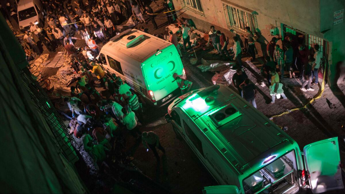 Ambulances arrive after an explosion in Gaziantep on Aug. 20.