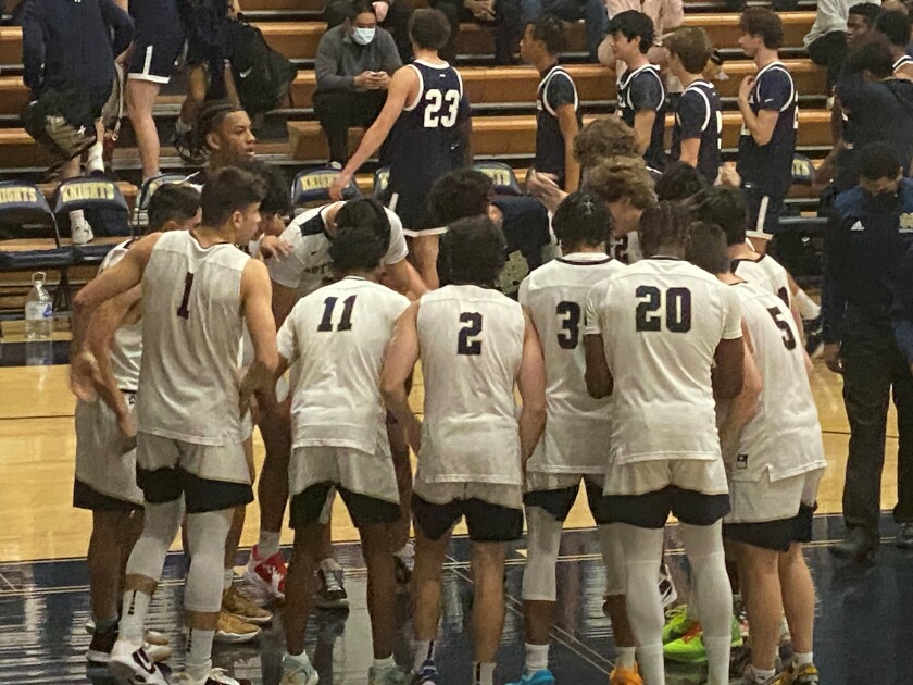 Sherman Oaks Notre Dame players huddle during a timeout.
