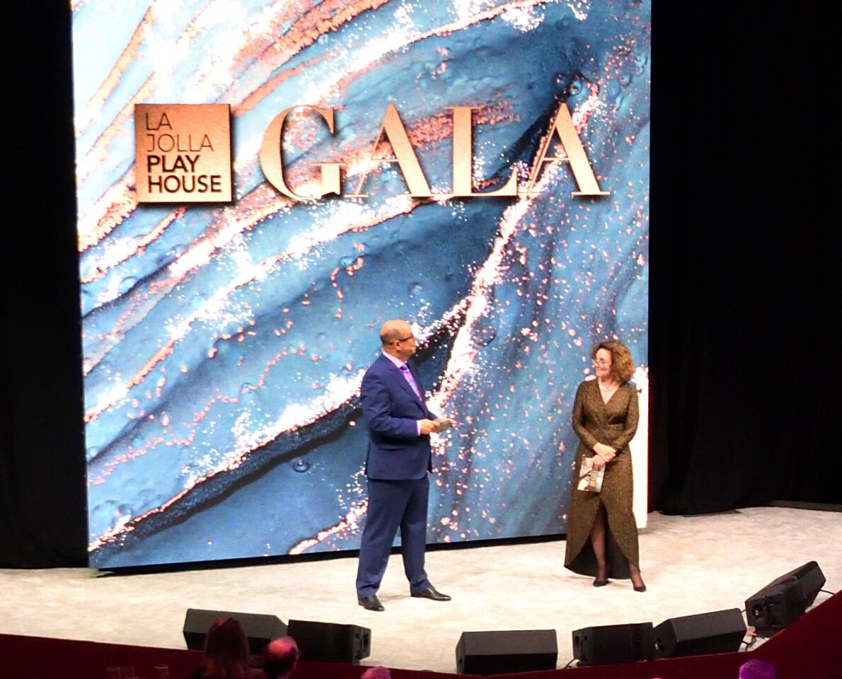 La Jolla Playhouse Artistic Director Christopher Ashley and Managing Director Debby Buchholz speak during the playhouse gala.