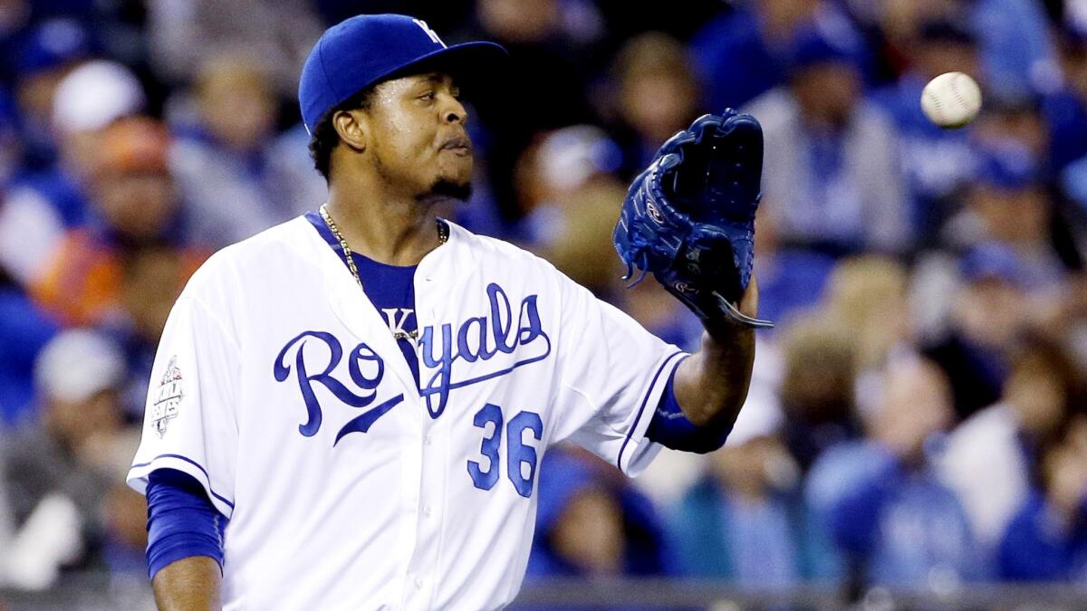 Royals starter Edinson Volquez went six innings in Game 1 of the World Series, giving up six hits and three runs.