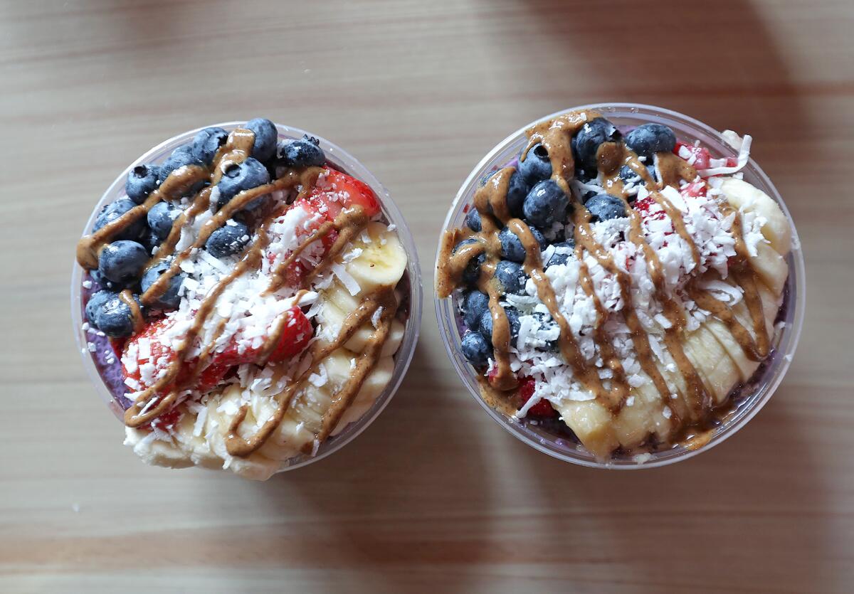 Two acai bowls at the new Breezy restaurant in downtown San Juan Capistrano.
