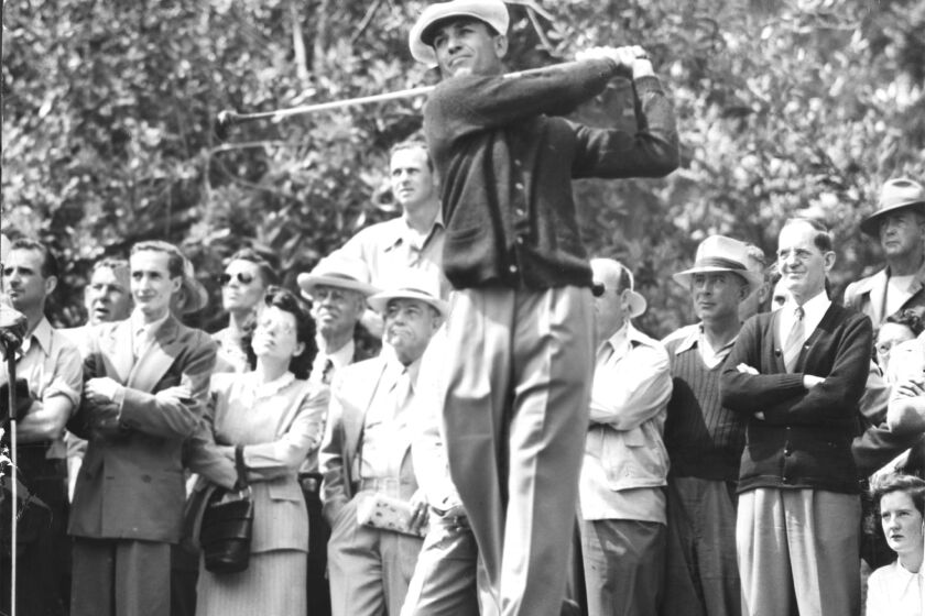 Ben Hogan belts one long off the 15th tee during the U.S. Open Golf Tournament at the Riviera Country Club in 1948.