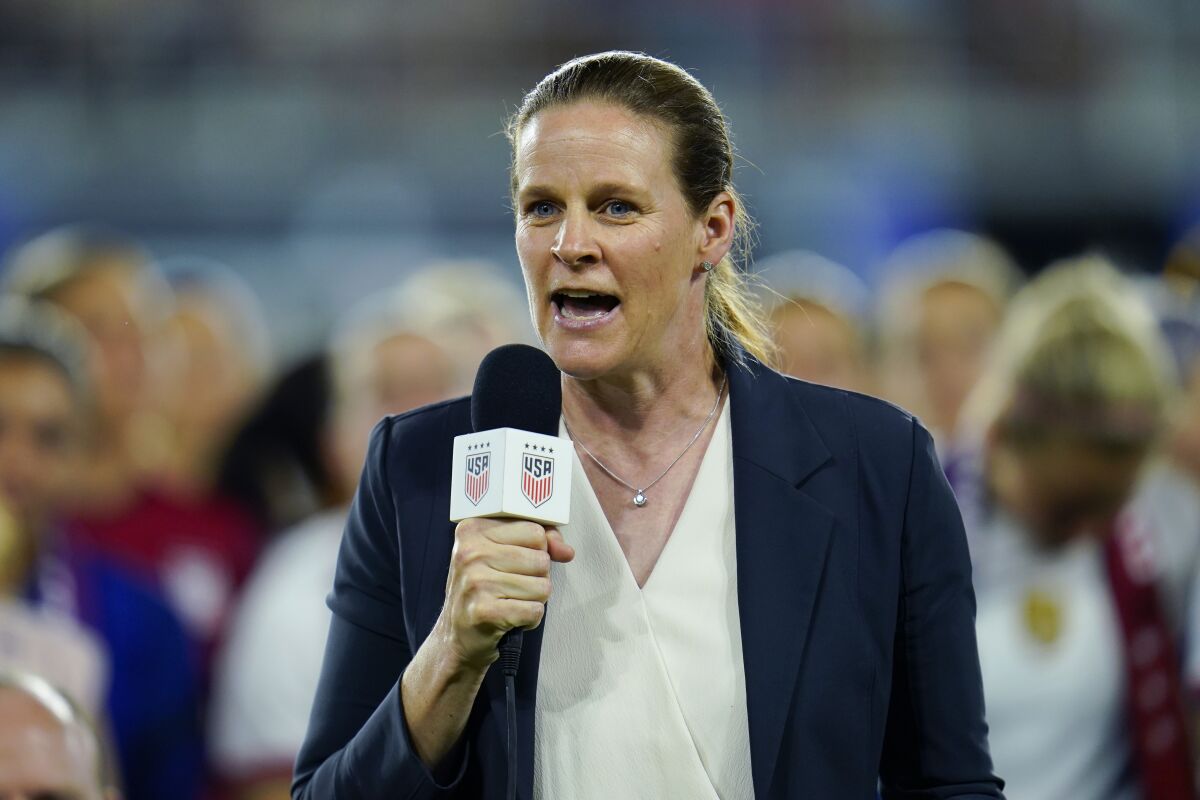 Cindy Parlow Cone, president of the U.S. Soccer Federation, speaks following a U.S. women's match.