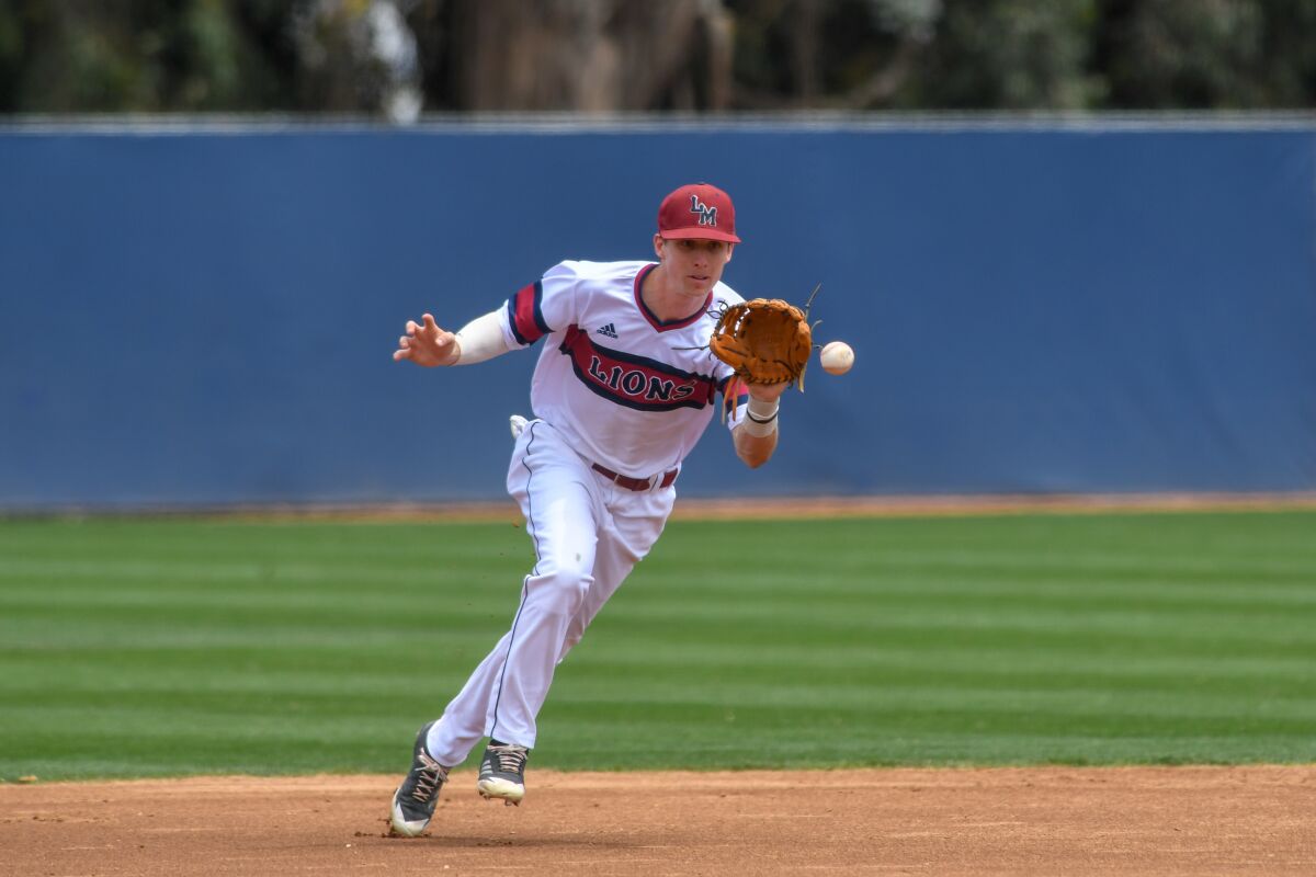 LMU's Nick Sogard LMU goes for a catch against Saint Mary's on May 20, 2018.