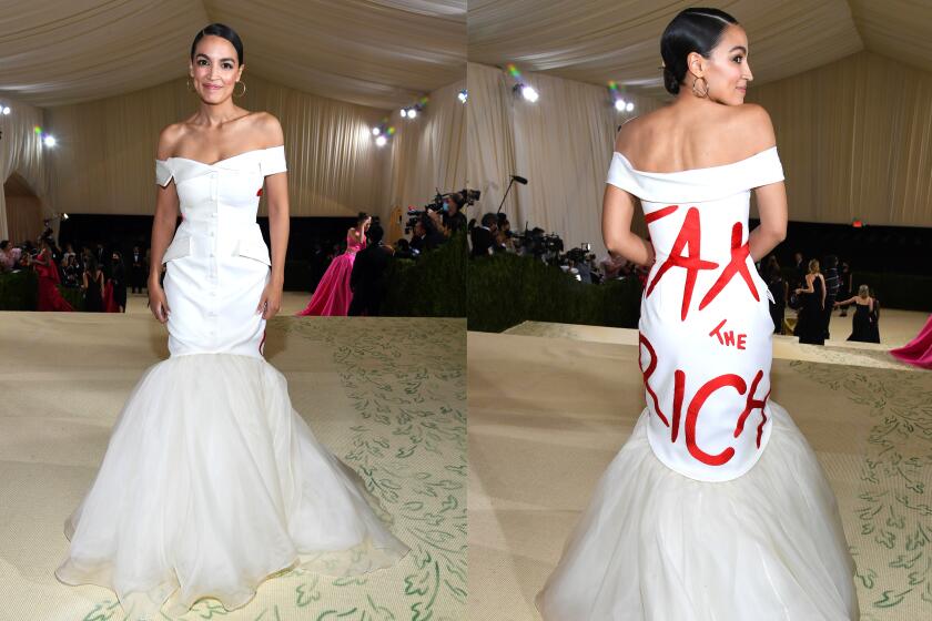 A split image of a woman in a white dress with "TAX THE RICH' written on the back in red letters