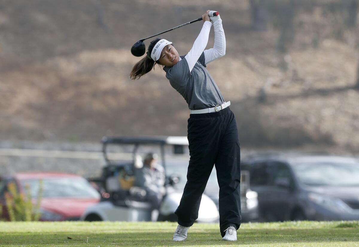 Sage Hill's Ashleigh Park tees off the first hole in the CIF Southern California Regional championships at Brookside Golf & Country Club in Pasadena on Thursday.