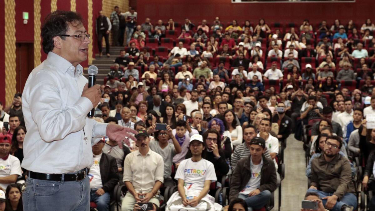 Socialist candidate Gustavo Petro, shown at a Friday event in Manizales, is a strong supporter of the peace accord and popular for his anti-corruption campaigns.