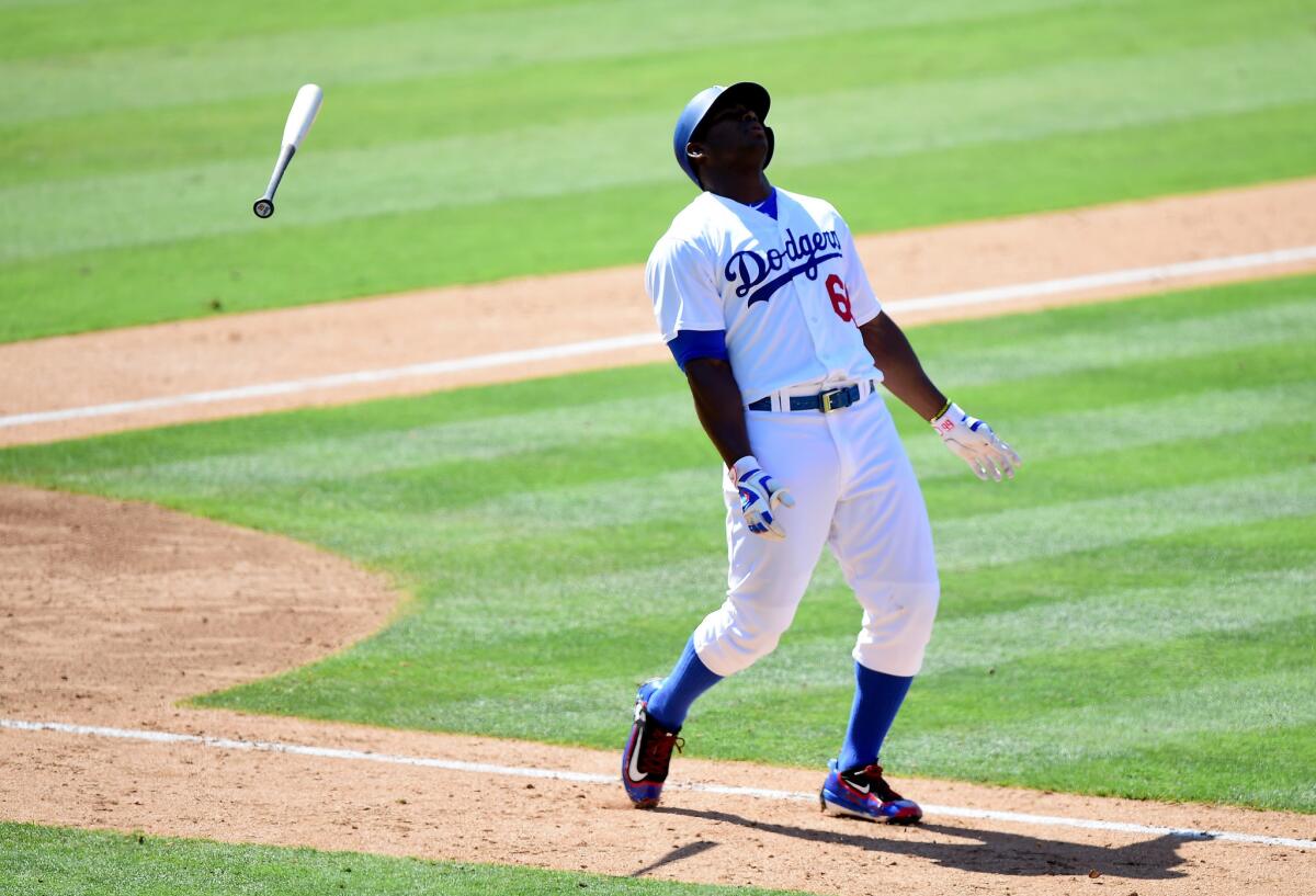 Dodgers outfielder Yasiel Puig (66) reacts to his line drive out to end the 10th inning against the Orioles on July 6.