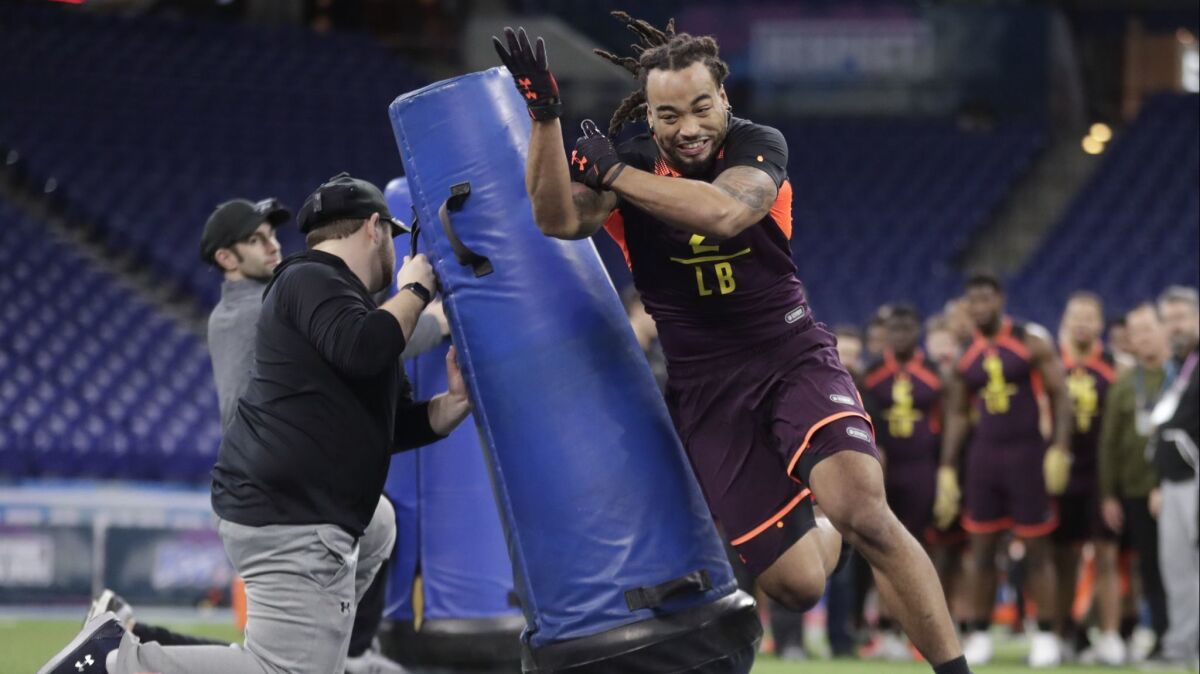 Texas Tech linebacker Dakota Allen runs a drill at the NFL football scouting combine in Indianapolis on March 3, 2019.