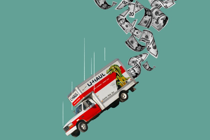 Illustration of a U-Haul truck falling through space, trailing currency