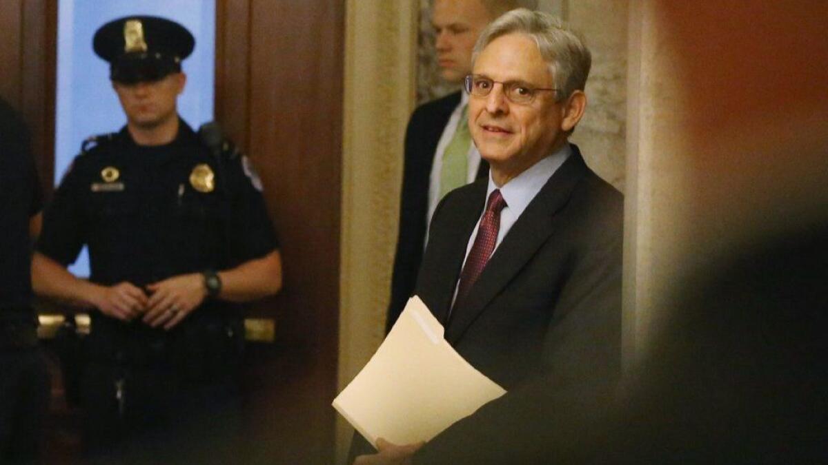 Judge Merrick Garland, then President Obama's nominee for the Supreme Court, arrives at Capitol Hill on April 12, 2016.