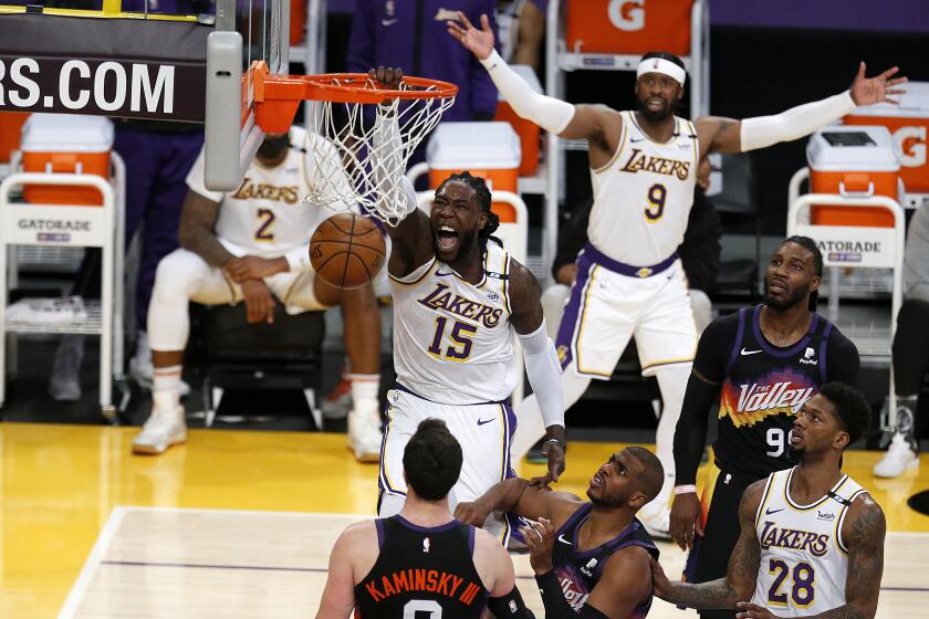 LOS ANGELES, CA - MAY 09: Los Angeles Lakers center Montrezl Harrell (15) slam dunks.