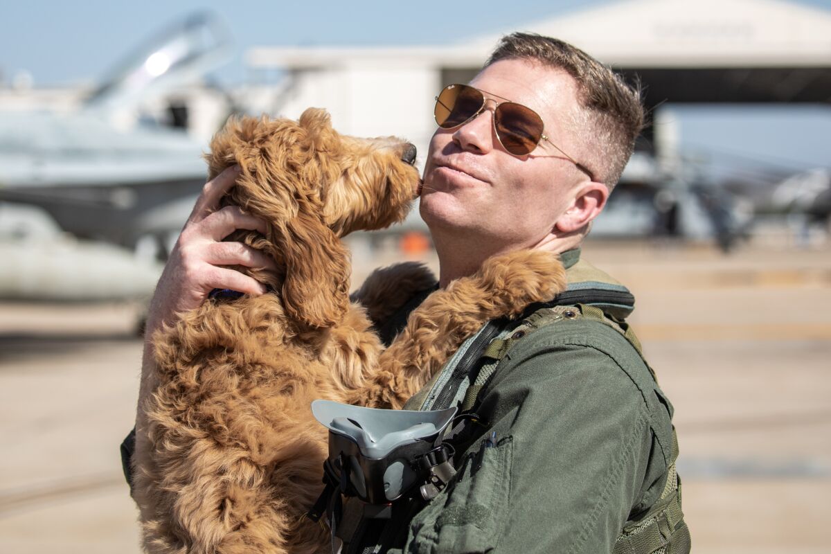 Lt. Col. Anthony Koehl picks up his 11 month old puppy Apollo for the first time 