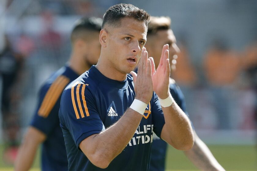 Galaxy forward Javier "Chicharito" Hernandez warms up before a game.