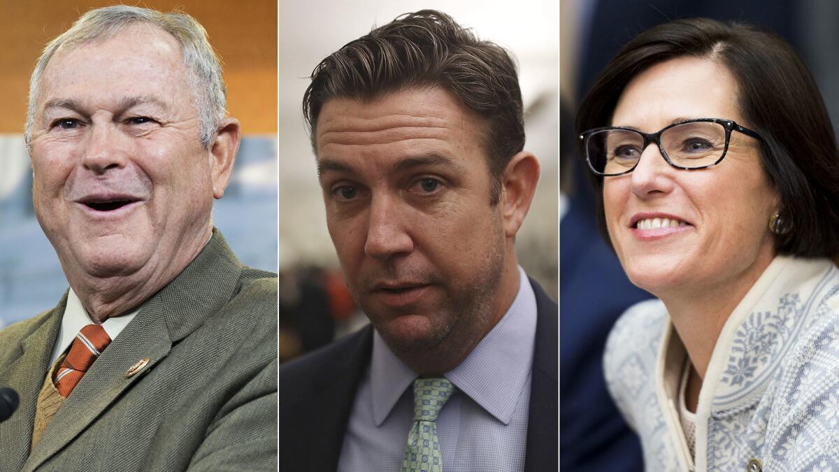 Incumbent GOP Reps. Dana Rohrabacher, left, Duncan Hunter and Mimi Walters.