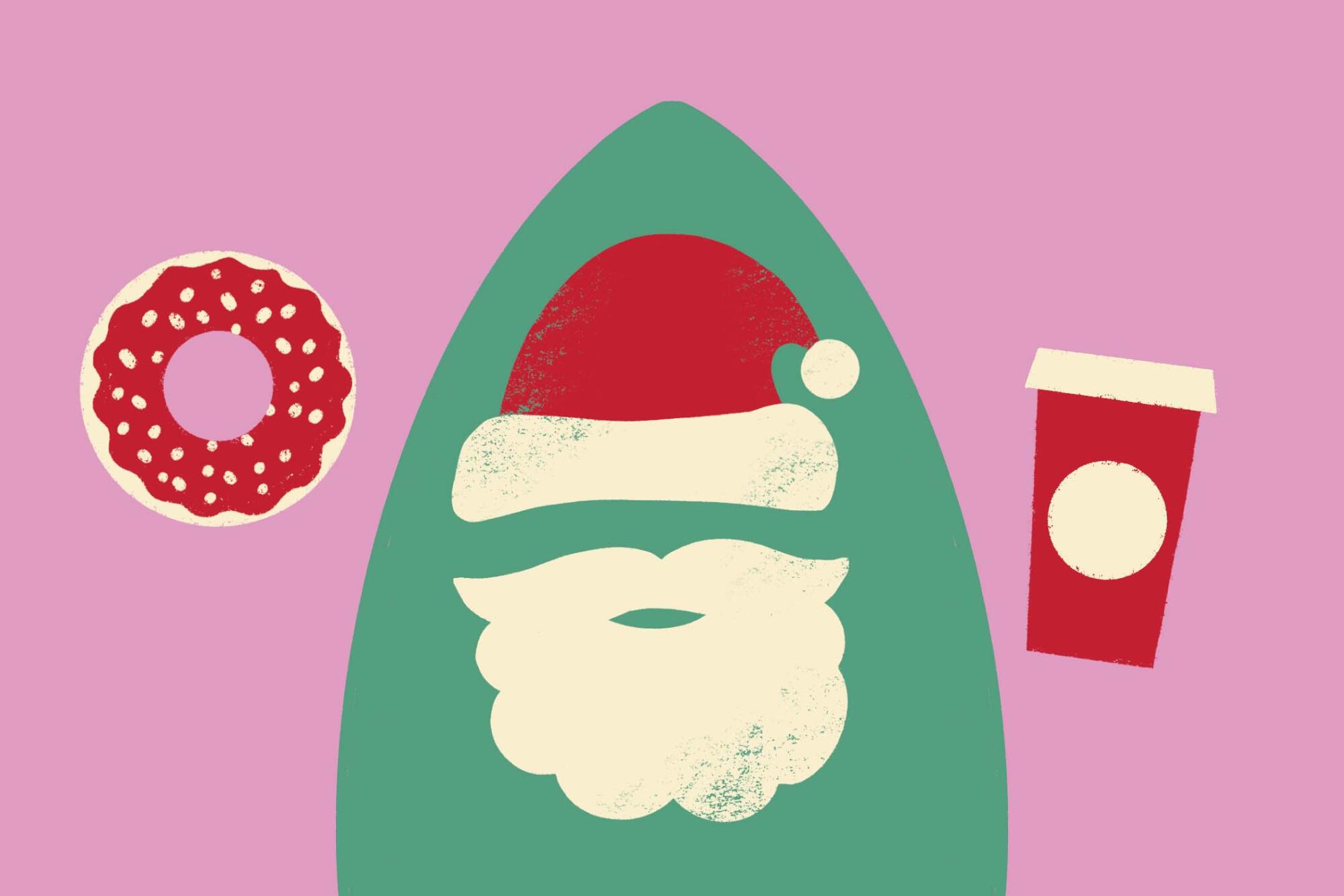 Illustration of a Santa face next to coffee and a doughnut.