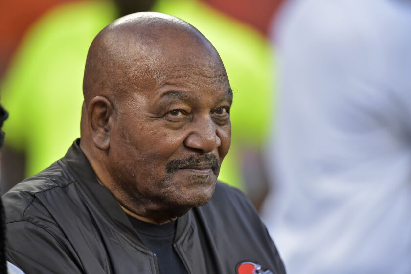 Former Cleveland Browns Jim Brown is shown before a game between the  Rams and Browns in 2019