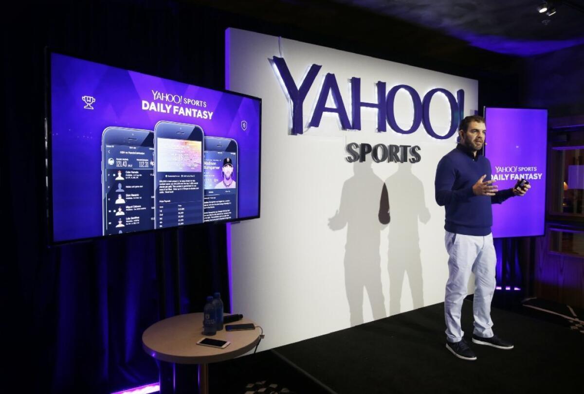 Kenneth Fuchs, vice president of publisher products, discusses Yahoo Sports Daily Fantasy contest during a product launch Wednesday.