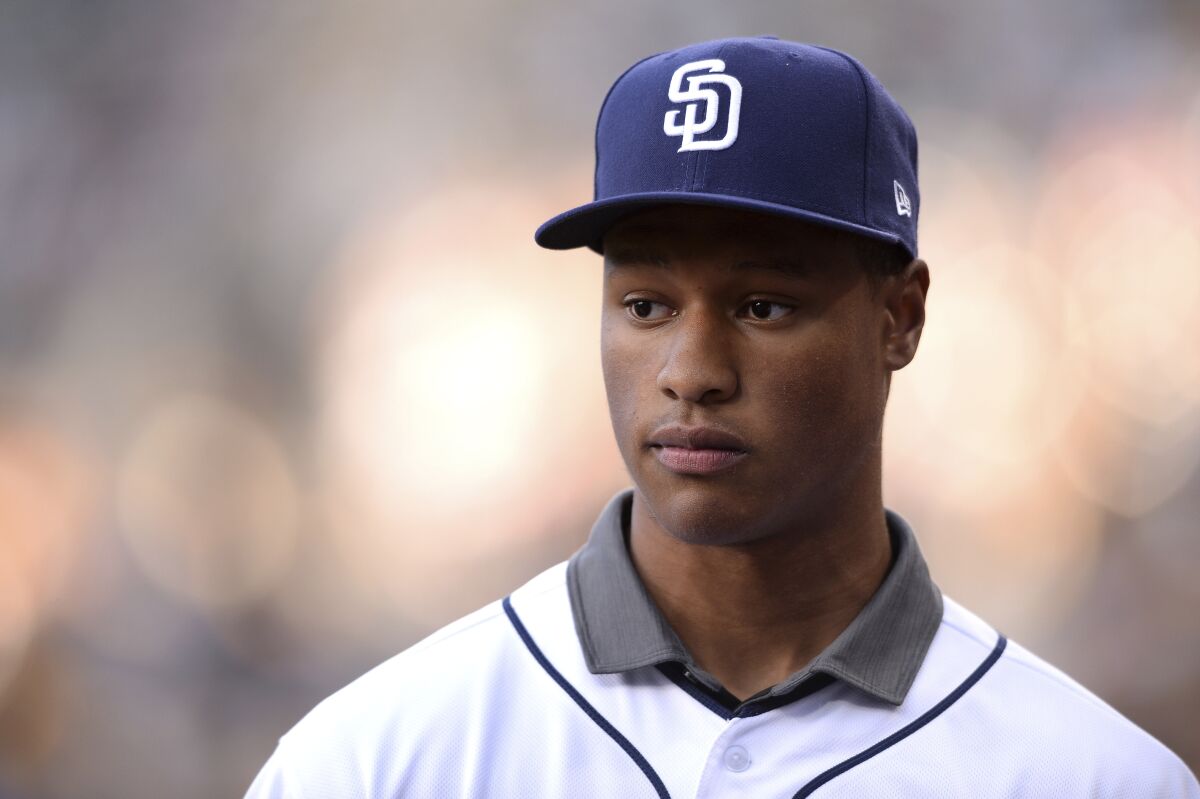 San Diego Padres second round draft pick Joshua Mears looks on before the game against the Washington Nationals during the first inning of a baseball game Saturday, June 8, 2019, in San Diego.