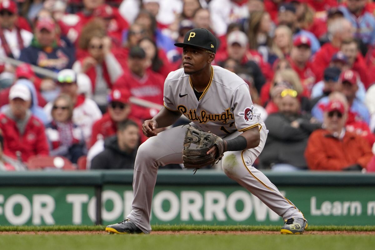 Pittsburgh Pirates third baseman Ke'Bryan Hayes takes up his position during the first inning of a baseball game against the St. Louis Cardinals Thursday, April 7, 2022, in St. Louis. (AP Photo/Jeff Roberson)