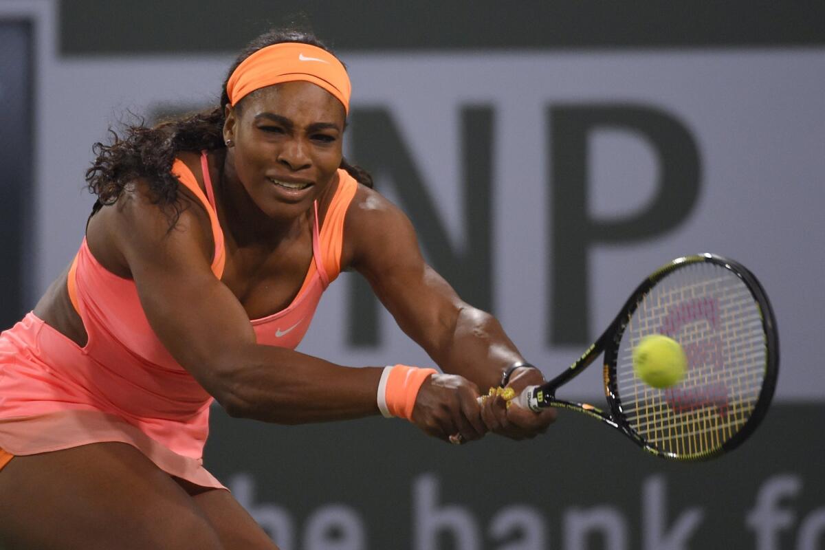 Serena Williams returns to Monica Niculescu during the BNP Paribas Open at Indian Wells on March 10.