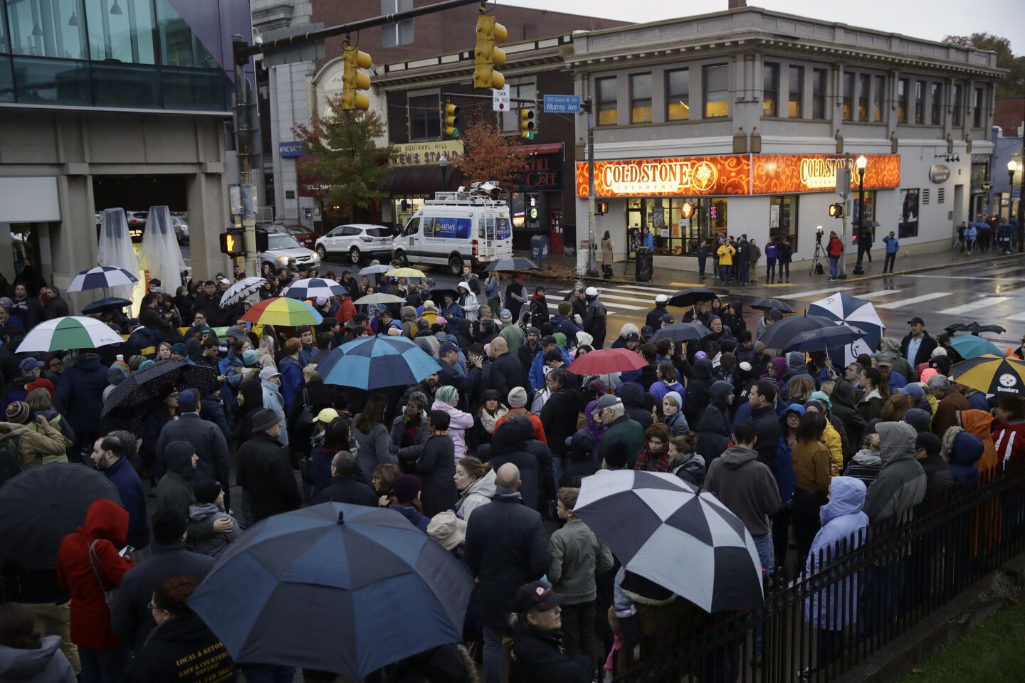 People gather for a vigil in the aftermath of a deadly shooting at the Tree of Life synagogue in the Squirrel Hill neighborhood of Pittsburgh on Oct. 27, 2018.