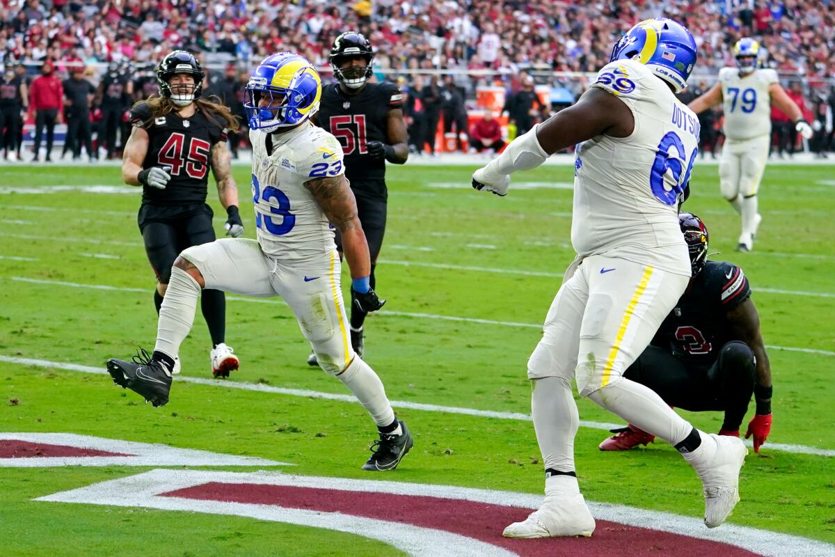 Rams running back Kyren Williams scores a touchdown against the Arizona Cardinals on Sunday in Glendale, Ariz.