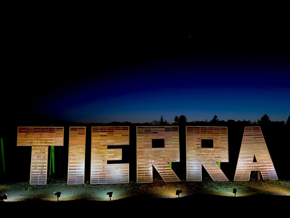 Six-foot-tall letters covered in skin-tone tiles spell out "TIERRA," or "land."