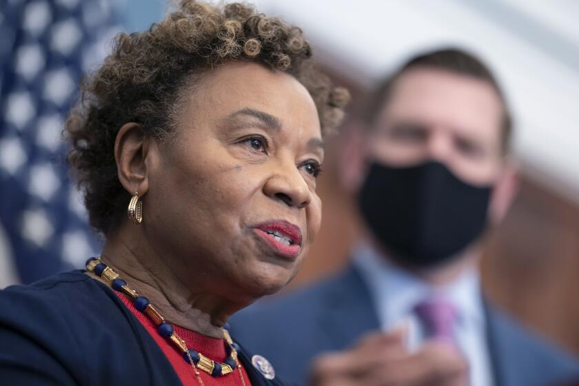 Rep. Barbara Lee, D-Calif., chair of the House Appropriations Subcommittee on State, Foreign Operations, and Related Programs, joins Speaker of the House Nancy Pelosi, D-Calif., at a news conference at the Capitol in Washington, Wednesday, Feb. 23, 2022, where they condemned Russian President Vladimir Putin for his aggression in Ukraine. (AP Photo/J. Scott Applewhite)