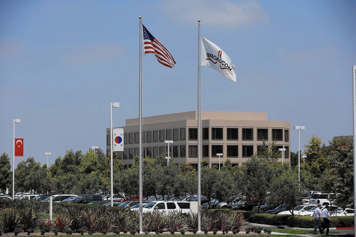 Broadcom, above, and Avago Technologies, which is buying the Irvine chip maker, projected cost savings of $750 million in the 18 months after the deal closes.