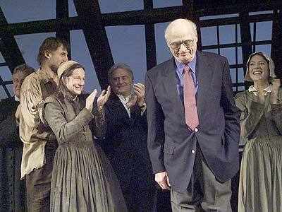 Playwright Arthur Miller takes a bow March 7, 2002 during the opening of the play "The Crucible" at the Virginia Theater in New York City.